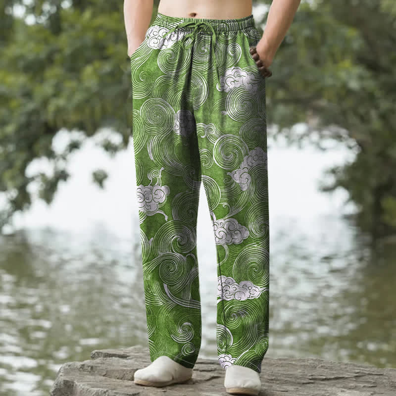 Buddha Stones Pantaloni da uomo affusolati con tasche, fantasia a onde e nuvole in cotone. - Verde studentesco - US/UK/AU50, EU60 (5XL) - image 8
