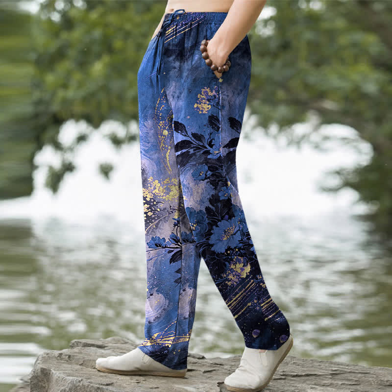 Buddha Stones Pantaloni da uomo affusolati in cotone con motivo floreale a stelle e tasche. - image 1