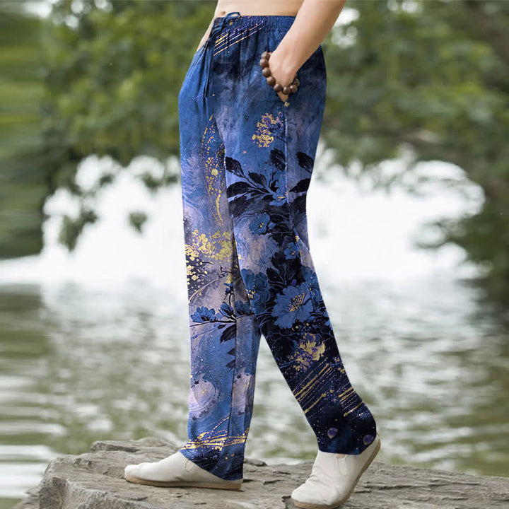 Buddha Stones Pantaloni da uomo affusolati in cotone con motivo floreale a stelle e tasche. - image 1