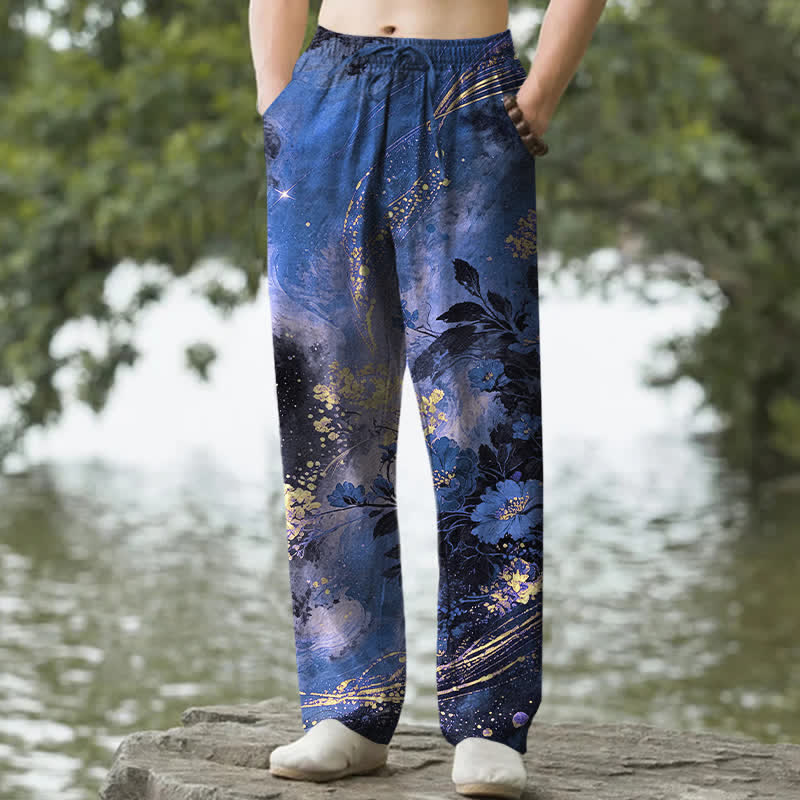 Buddha Stones Pantaloni da uomo affusolati in cotone con motivo floreale a stelle e tasche. - Blu reale - US/UK/AU50, EU60 (5XL) - image 0