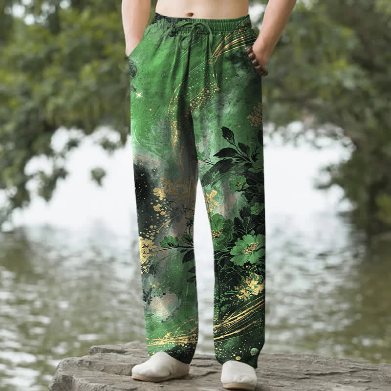 Buddha Stones Pantaloni da uomo affusolati in cotone con motivo floreale a stelle e tasche. - Verde studentesco - US/UK/AU50, EU60 (5XL) - image 4