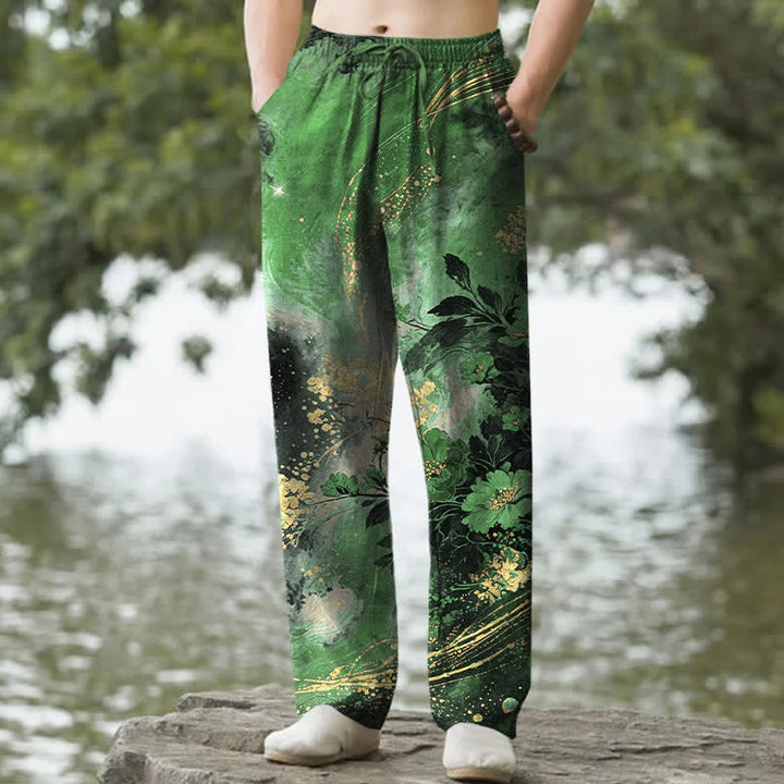 Buddha Stones Pantaloni da uomo affusolati in cotone con motivo floreale a stelle e tasche. - Verde studentesco - US/UK/AU50, EU60 (5XL) - image 4