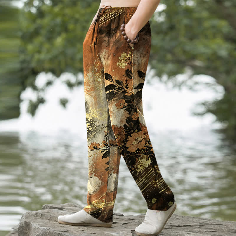 Buddha Stones Pantaloni da uomo affusolati in cotone con motivo floreale a stelle e tasche. - image 9