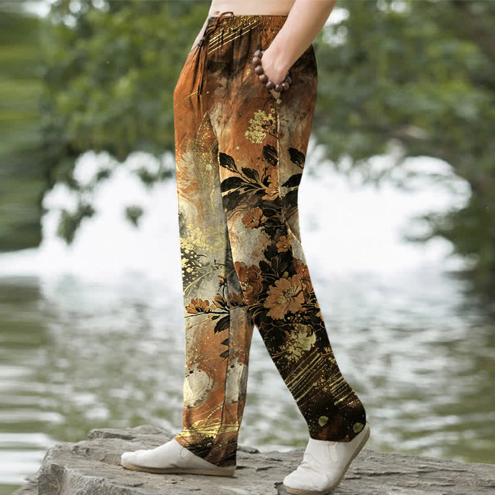 Buddha Stones Pantaloni da uomo affusolati in cotone con motivo floreale a stelle e tasche. - image 9