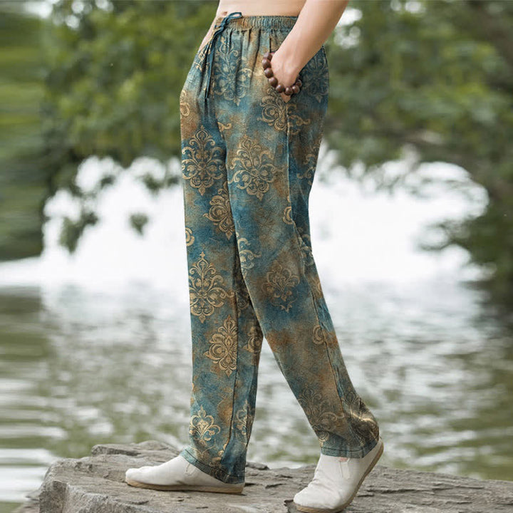 Buddha Stones Pantaloni da uomo affusolati in cotone con motivo barocco vintage e tasche. - image 1
