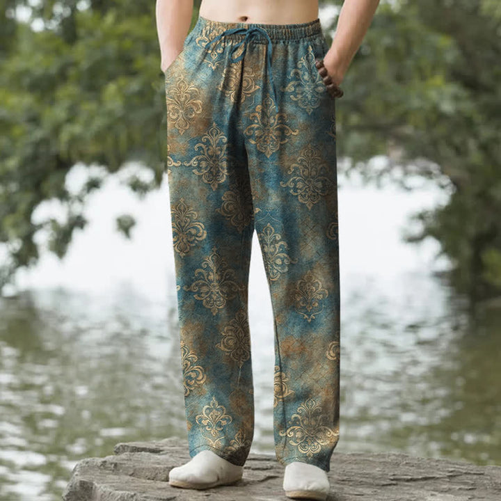 Buddha Stones Pantaloni da uomo affusolati in cotone con motivo barocco vintage e tasche. - Verde acqua - US/UK/AU50, EU60 (5XL) - image 0
