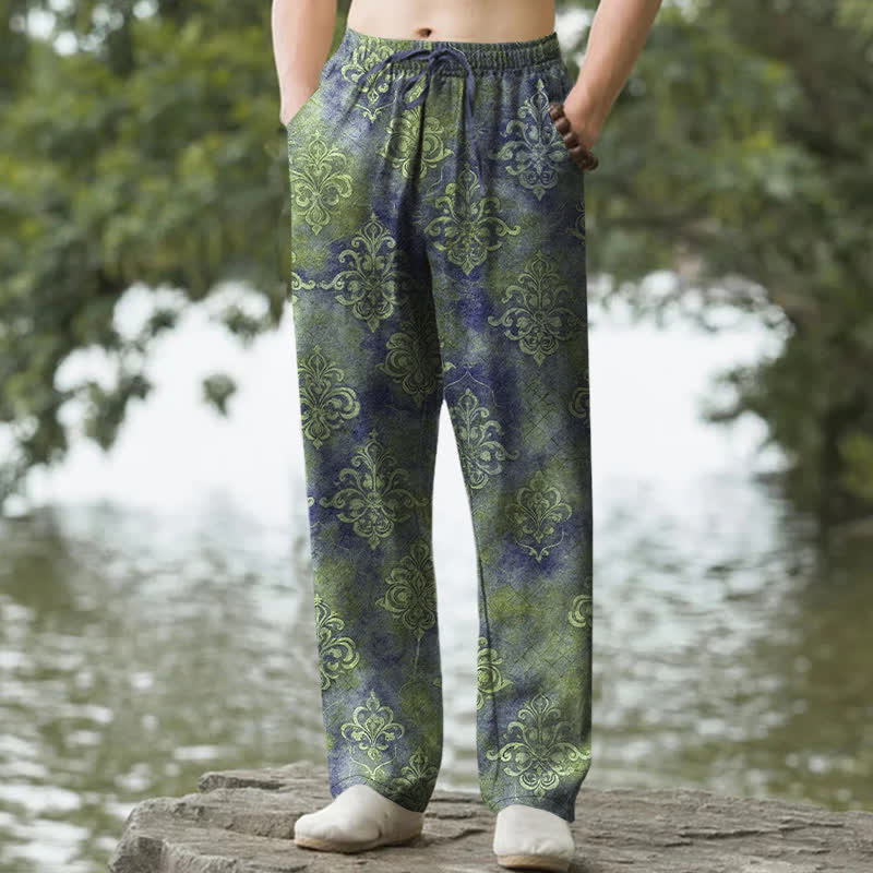 Buddha Stones Pantaloni da uomo affusolati in cotone con motivo barocco vintage e tasche. - Verde oliva - US/UK/AU50, EU60 (5XL) - image 4