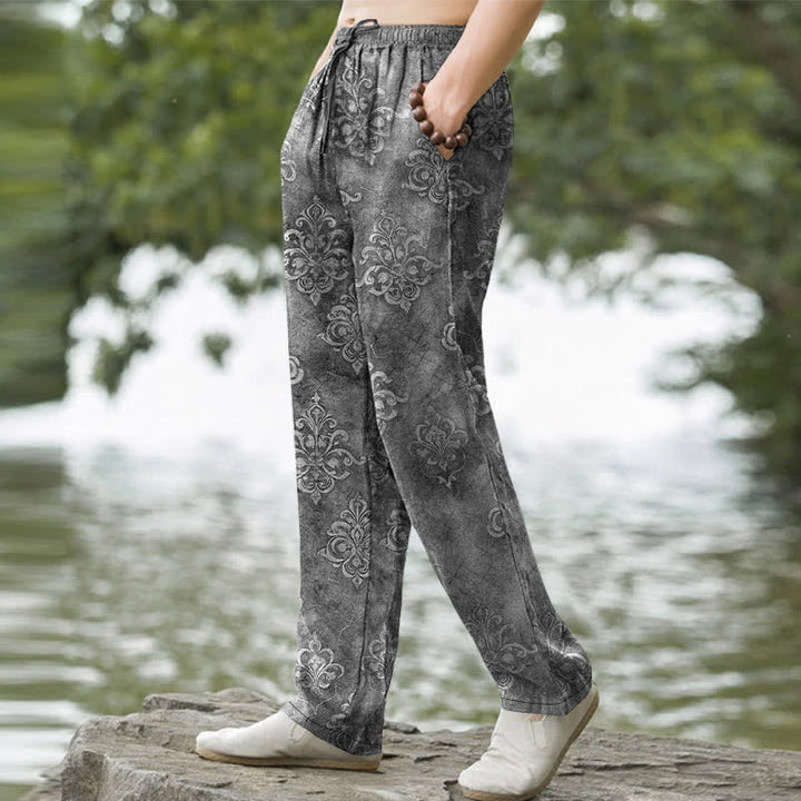 Buddha Stones Pantaloni da uomo affusolati in cotone con motivo barocco vintage e tasche. - image 9