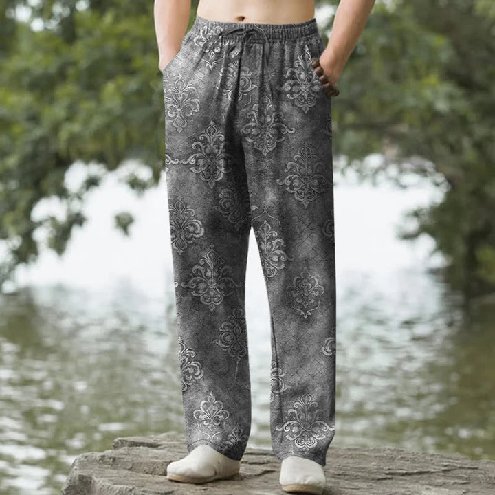 Buddha Stones Pantaloni da uomo affusolati in cotone con motivo barocco vintage e tasche. - Grigio scuro - US/UK/AU50, EU60 (5XL) - image 8