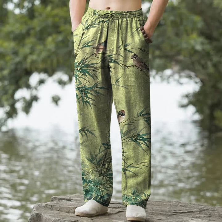 Buddha Stones Pantaloni da uomo affusolati in cotone con stampa di uccelli in bambù e tasche - Verde oliva - US/UK/AU50, EU60 (5XL) - image 0