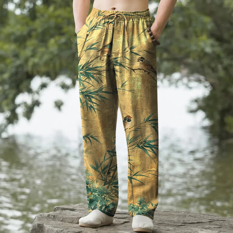 Buddha Stones Pantaloni da uomo affusolati in cotone con stampa di uccelli in bambù e tasche - Verga d'oro - US/UK/AU50, EU60 (5XL) - image 4