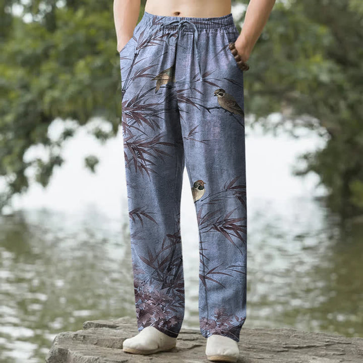 Buddha Stones Pantaloni da uomo affusolati in cotone con stampa di uccelli in bambù e tasche - Grigio ardesia - US/UK/AU50, EU60 (5XL) - image 8