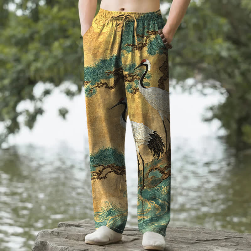 Buddha Stones Pantaloni da uomo affusolati in cotone con motivo a gru e pino, con tasche. - Oro - US/UK/AU50, EU60 (5XL) - image 0