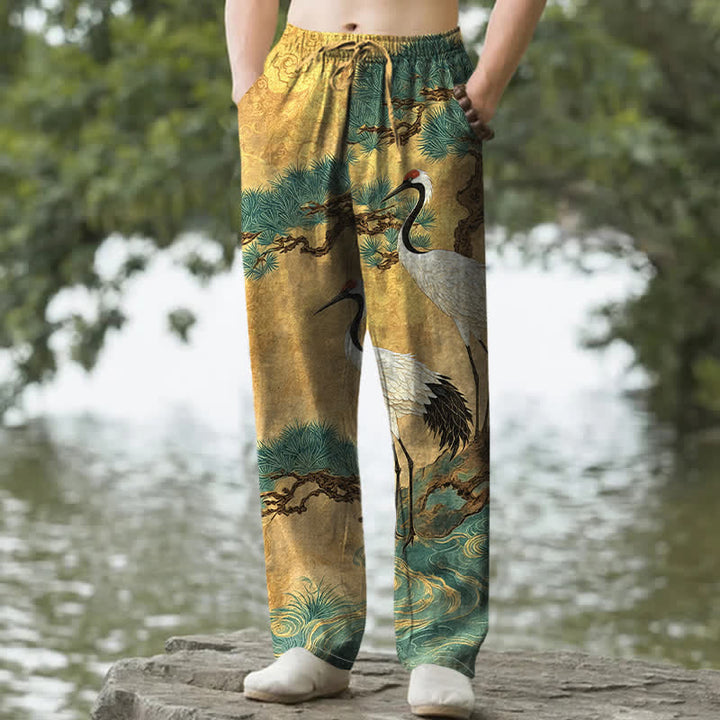 Buddha Stones Pantaloni da uomo affusolati in cotone con motivo a gru e pino, con tasche. - Oro - US/UK/AU50, EU60 (5XL) - image 0