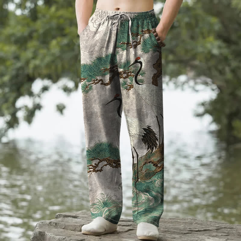 Buddha Stones Pantaloni da uomo affusolati in cotone con motivo a gru e pino, con tasche. - Gainsboro - US/UK/AU50, EU60 (5XL) - image 4