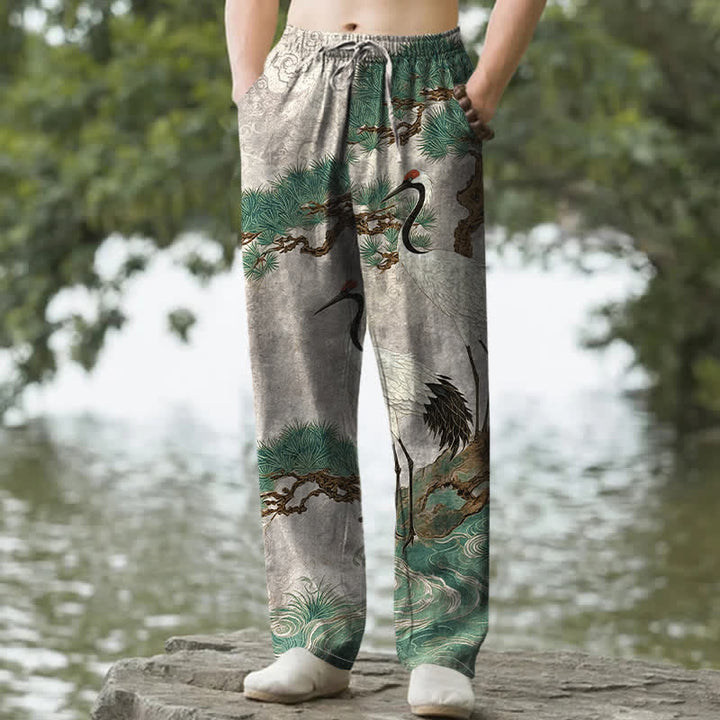 Buddha Stones Pantaloni da uomo affusolati in cotone con motivo a gru e pino, con tasche. - Gainsboro - US/UK/AU50, EU60 (5XL) - image 4