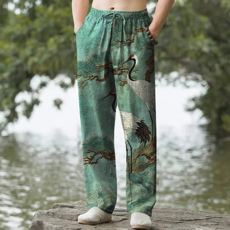 Buddha Stones Pantaloni da uomo affusolati in cotone con motivo a gru e pino, con tasche. - Acquamarina media - US/UK/AU50, EU60 (5XL) - image 8