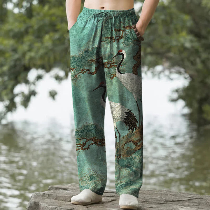 Buddha Stones Pantaloni da uomo affusolati in cotone con motivo a gru e pino, con tasche. - Acquamarina media - US/UK/AU50, EU60 (5XL) - image 8
