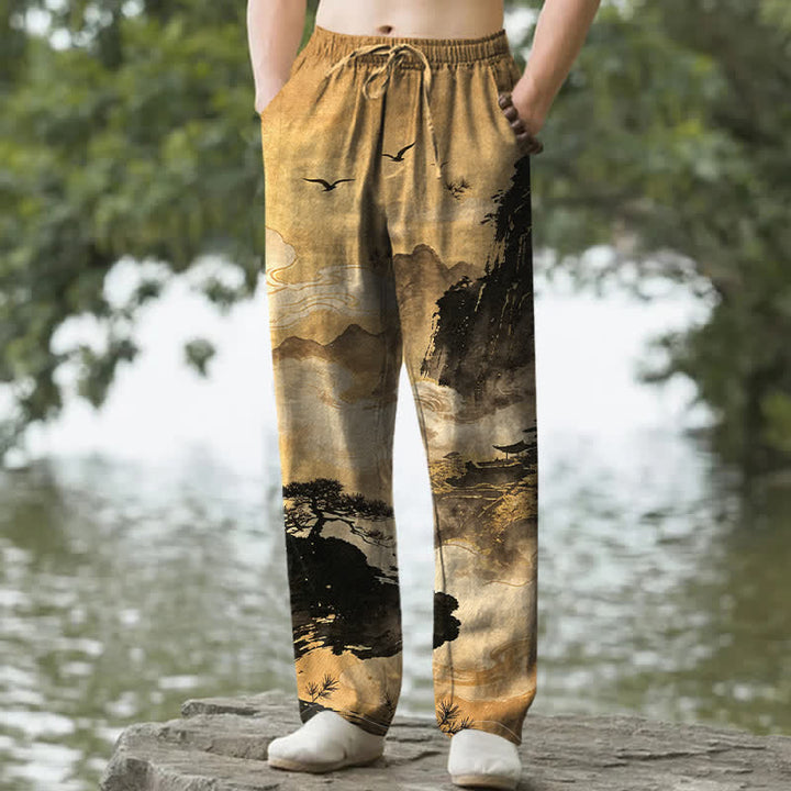 Buddha Stones Pantaloni da uomo affusolati con tasche, stampa paesaggistica in inchiostro di cotone - Verga d'oro - US/UK/AU50, EU60 (5XL) - image 0