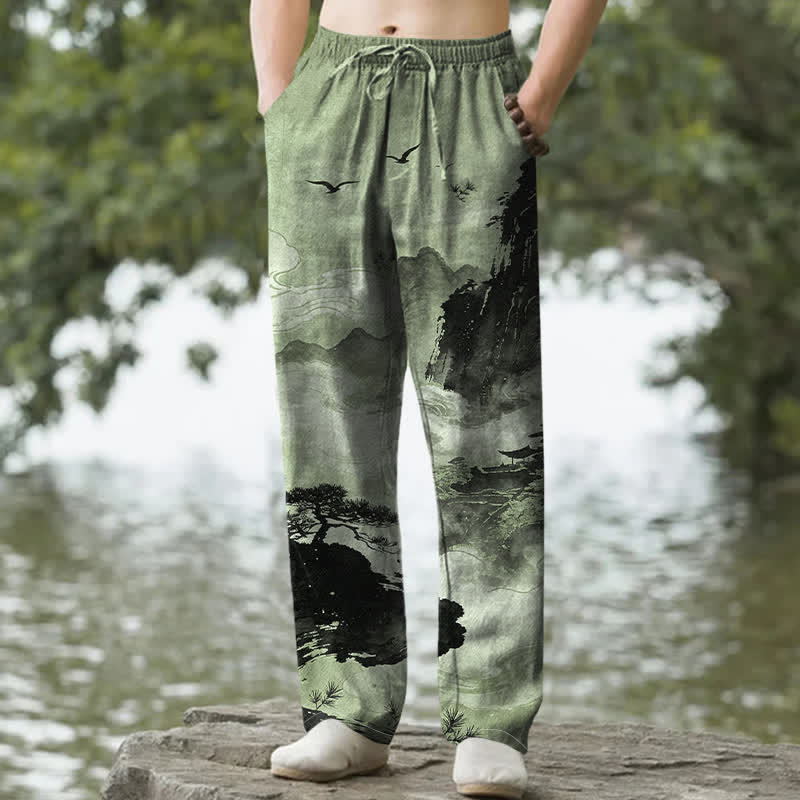 Buddha Stones Pantaloni da uomo affusolati con tasche, stampa paesaggistica in inchiostro di cotone - Verde Mare Scuro - US/UK/AU50, EU60 (5XL) - image 4