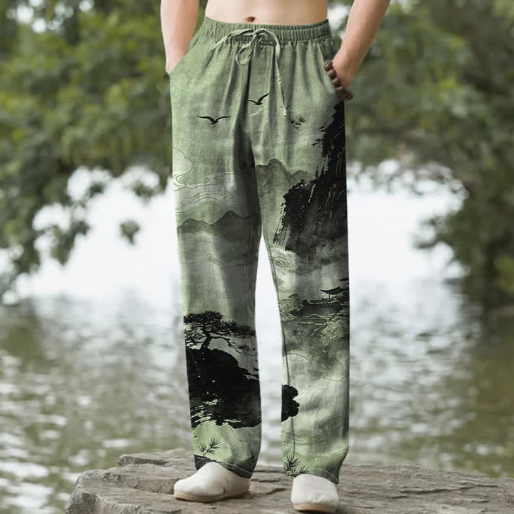 Buddha Stones Pantaloni da uomo affusolati con tasche, stampa paesaggistica in inchiostro di cotone - Verde Mare Scuro - US/UK/AU50, EU60 (5XL) - image 4