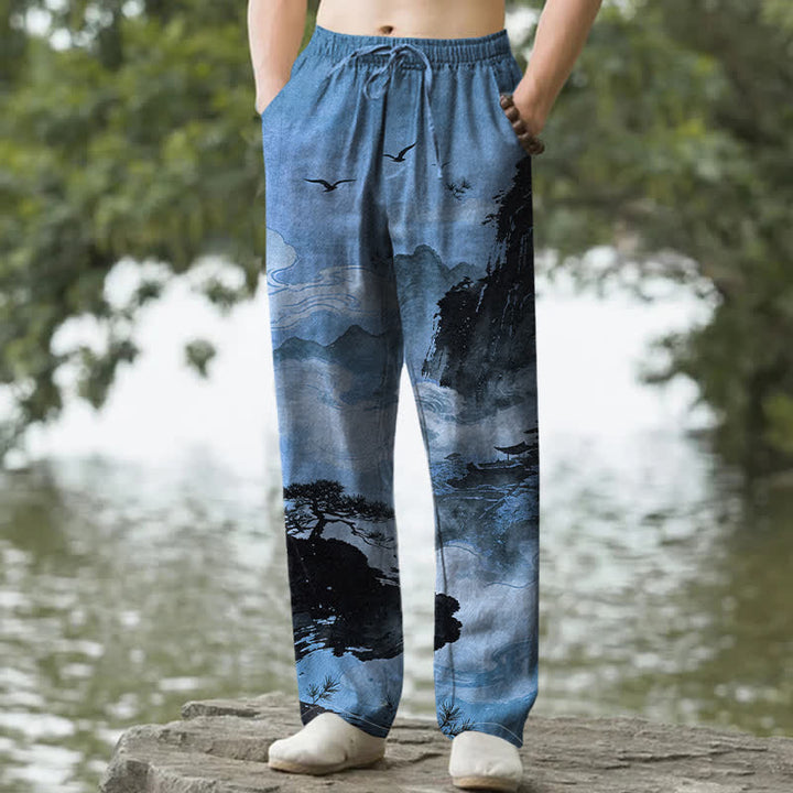 Buddha Stones Pantaloni da uomo affusolati con tasche, stampa paesaggistica in inchiostro di cotone - SteelBlue - US/UK/AU50, EU60 (5XL) - image 8