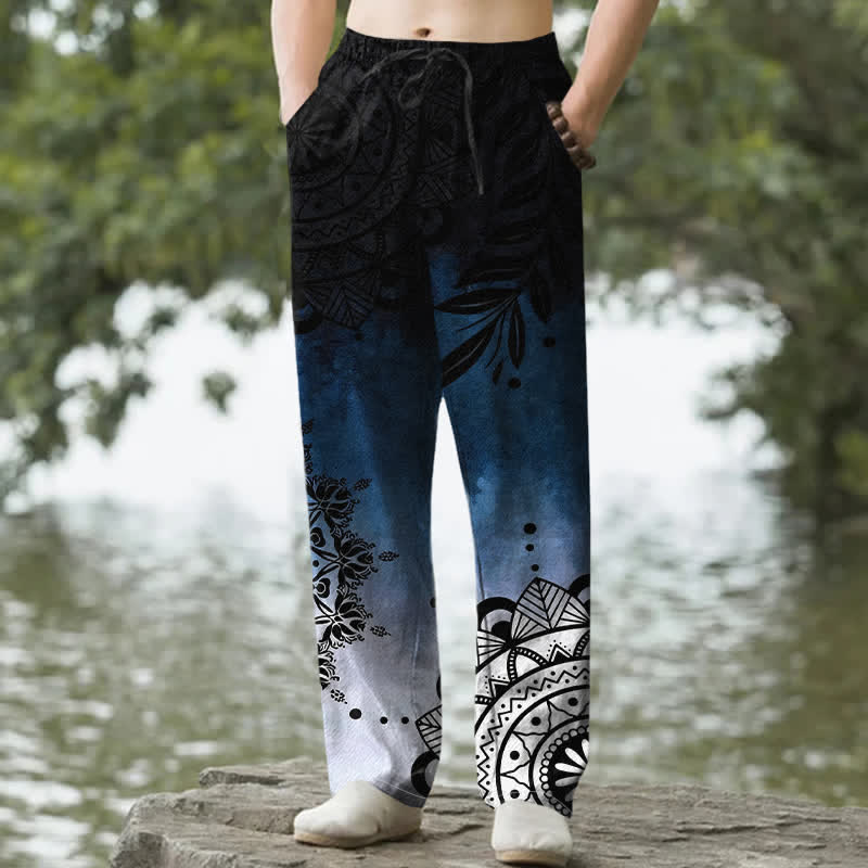 Buddha Stones Pantaloni da uomo affusolati in cotone con motivo mandala sfumato e tasche. - Marina - US/UK/AU50, EU60 (5XL) - image 0
