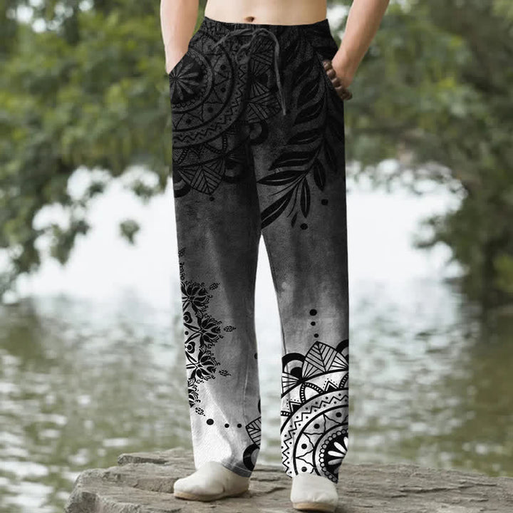 Buddha Stones Pantaloni da uomo affusolati in cotone con motivo mandala sfumato e tasche. - Grigio - US/UK/AU50, EU60 (5XL) - image 8