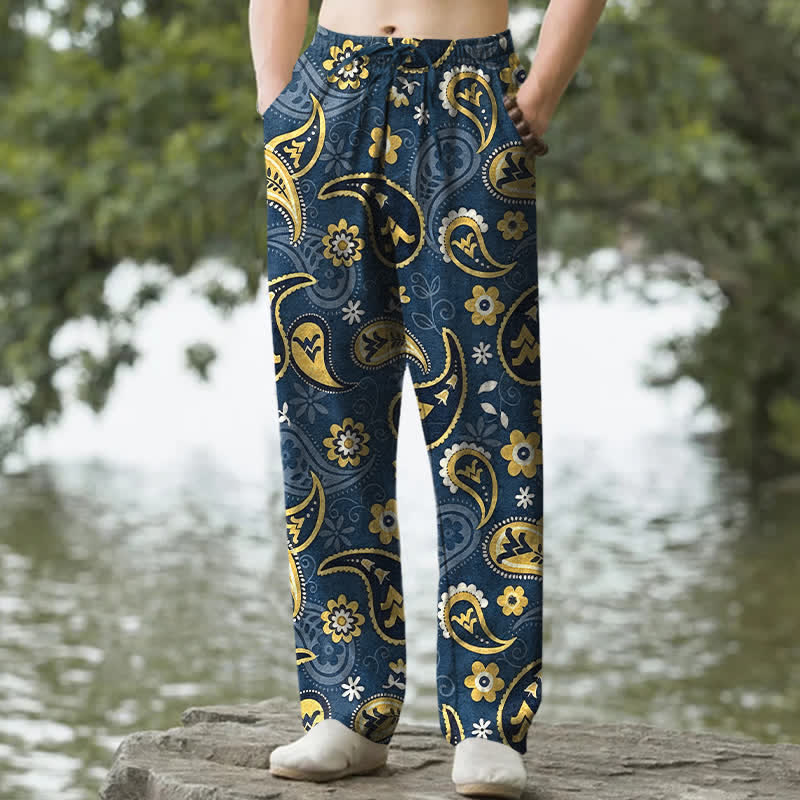 Buddha Stones Pantaloni da uomo affusolati in cotone con fantasia floreale paisley e tasche. - SteelBlue - US/UK/AU50, EU60 (5XL) - image 0