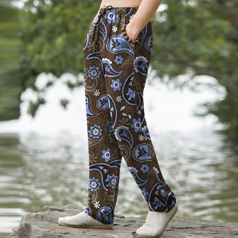 Buddha Stones Pantaloni da uomo affusolati in cotone con fantasia floreale paisley e tasche. - image 5
