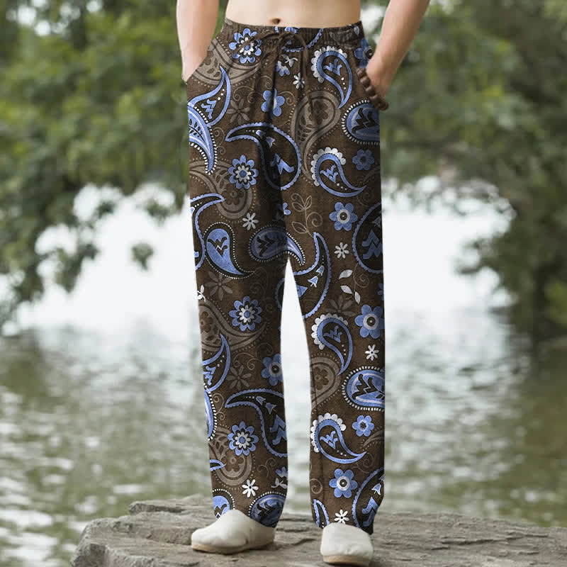 Buddha Stones Pantaloni da uomo affusolati in cotone con fantasia floreale paisley e tasche. - Siena - US/UK/AU50, EU60 (5XL) - image 4