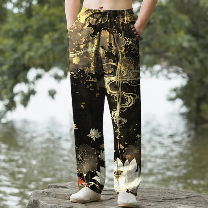 Buddha Stones Pantaloni da uomo affusolati in cotone con motivo a loto e nuvole, con tasche. - Nero - US/UK/AU50, EU60 (5XL) - image 0