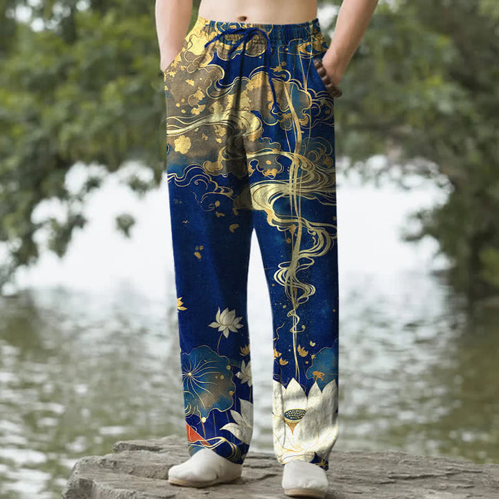 Buddha Stones Pantaloni da uomo affusolati in cotone con motivo a loto e nuvole, con tasche. - Marina - US/UK/AU50, EU60 (5XL) - image 4