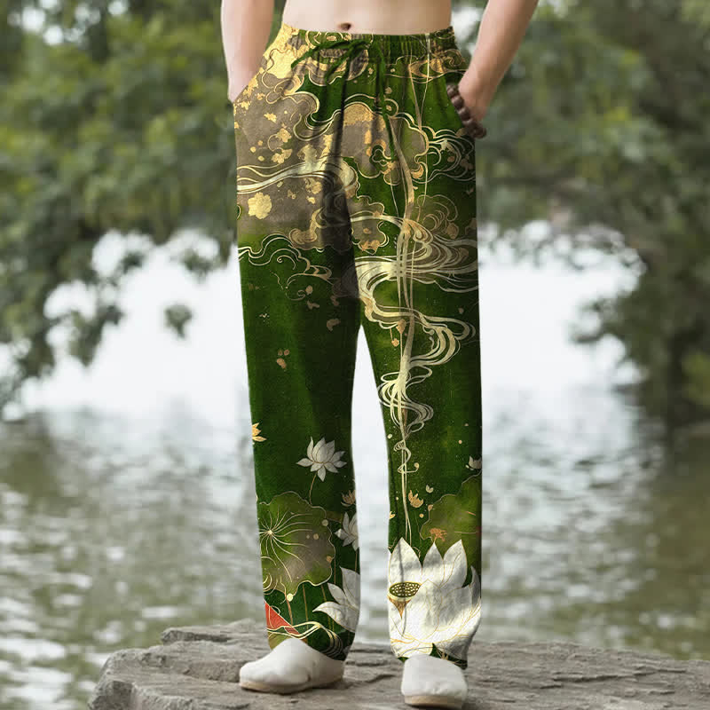 Buddha Stones Pantaloni da uomo affusolati in cotone con motivo a loto e nuvole, con tasche. - Verde studentesco - US/UK/AU50, EU60 (5XL) - image 8