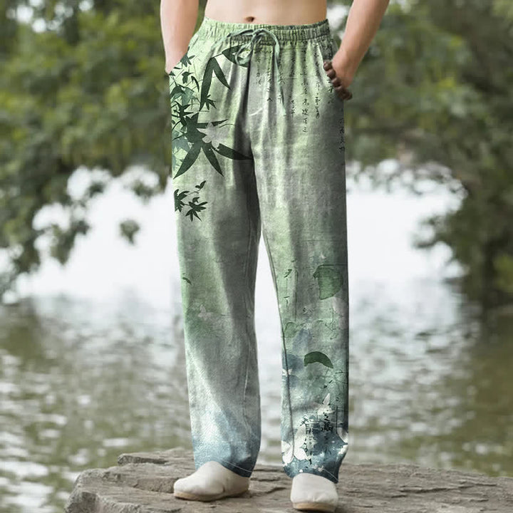 Buddha Stones Pantaloni da uomo affusolati con tasche, stampa a bambù, in cotone. - Verde chiaro - US/UK/AU50, EU60 (5XL) - image 4