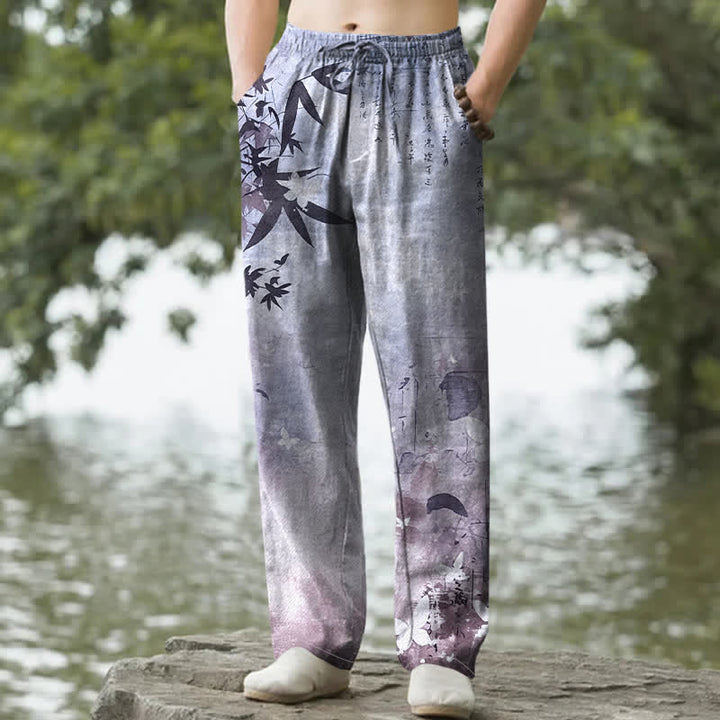 Buddha Stones Pantaloni da uomo affusolati con tasche, stampa a bambù, in cotone. - Lavanda - US/UK/AU50, EU60 (5XL) - image 8