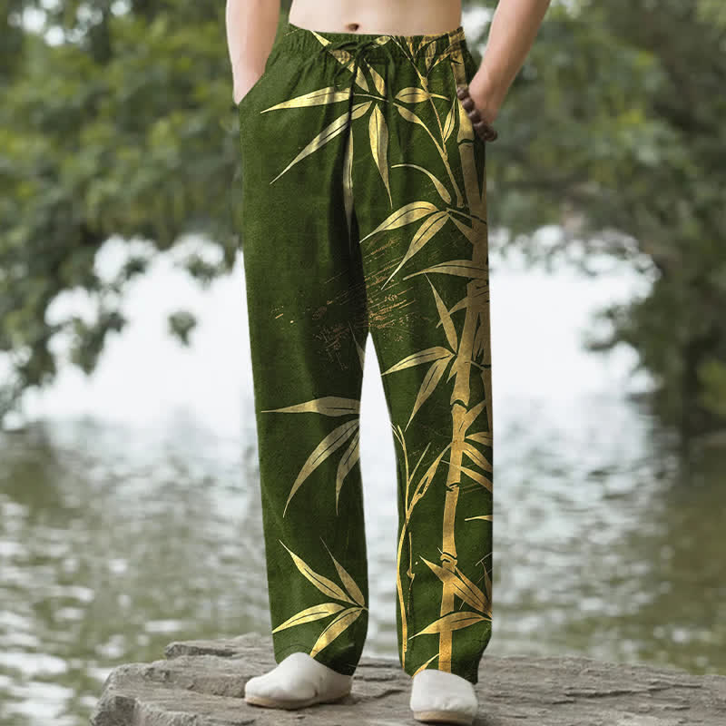 Buddha Stones Pantaloni da uomo affusolati in cotone con motivo a foglie di bambù dorate e tasche. - Verde oliva scuro - US/UK/AU50, EU60 (5XL) - image 4
