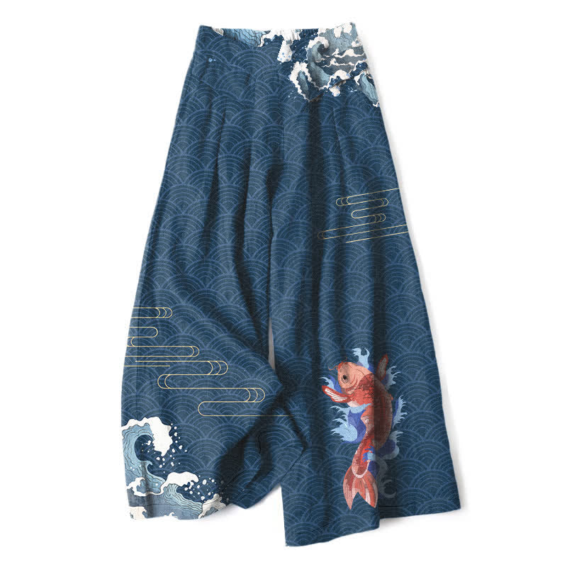 Buddha Stones Pantaloni da donna in cotone e lino con elastico in vita e gamba larga, fantasia a onde con pesci koi e tasche. - Marina - US16, UK/AU20, EU48 (3XL) - image 0