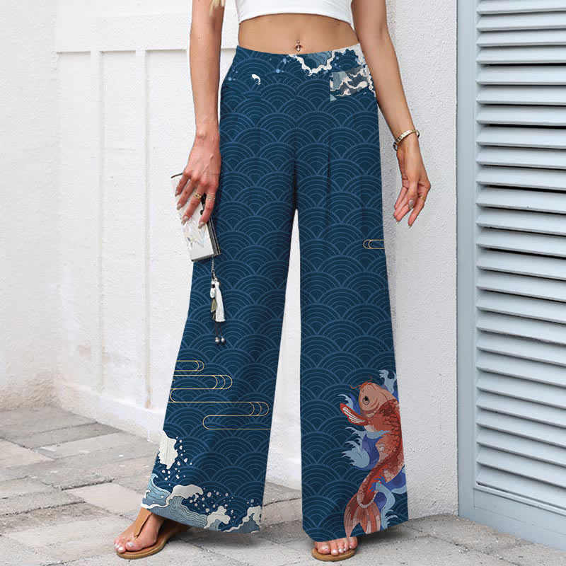 Buddha Stones Pantaloni da donna in cotone e lino con elastico in vita e gamba larga, fantasia a onde con pesci koi e tasche. - image 1