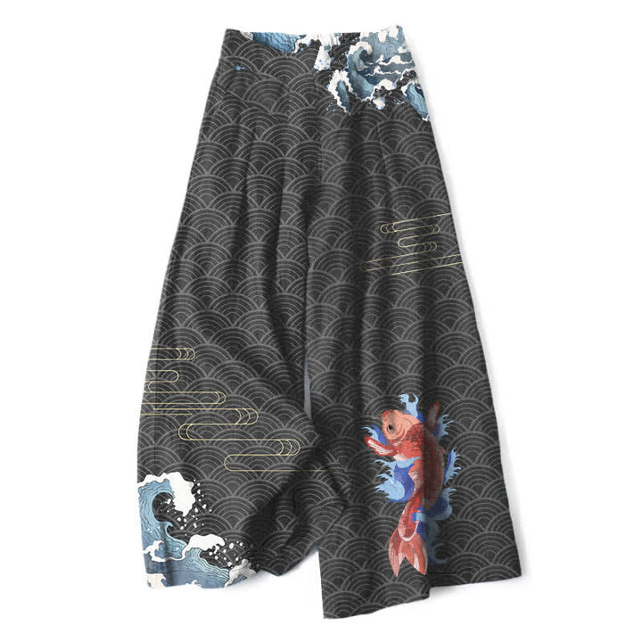 Buddha Stones Pantaloni da donna in cotone e lino con elastico in vita e gamba larga, fantasia a onde con pesci koi e tasche. - Nero - US16, UK/AU20, EU48 (3XL) - image 4