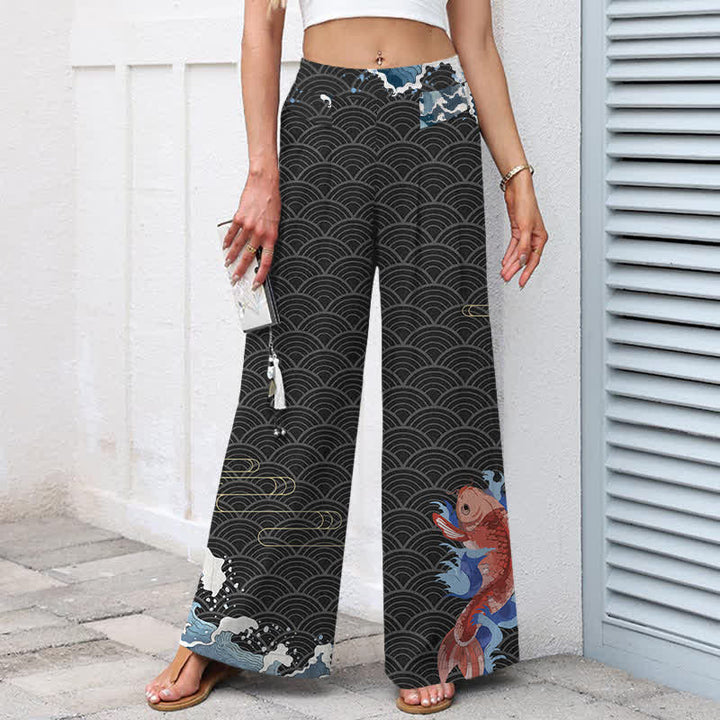 Buddha Stones Pantaloni da donna in cotone e lino con elastico in vita e gamba larga, fantasia a onde con pesci koi e tasche. - image 5