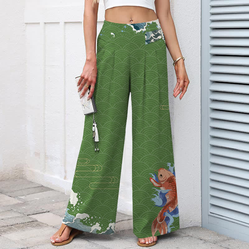 Buddha Stones Pantaloni da donna in cotone e lino con elastico in vita e gamba larga, fantasia a onde con pesci koi e tasche. - image 7