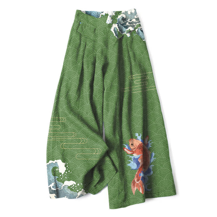 Buddha Stones Pantaloni da donna in cotone e lino con elastico in vita e gamba larga, fantasia a onde con pesci koi e tasche. - Verde studentesco - US16, UK/AU20, EU48 (3XL) - image 6