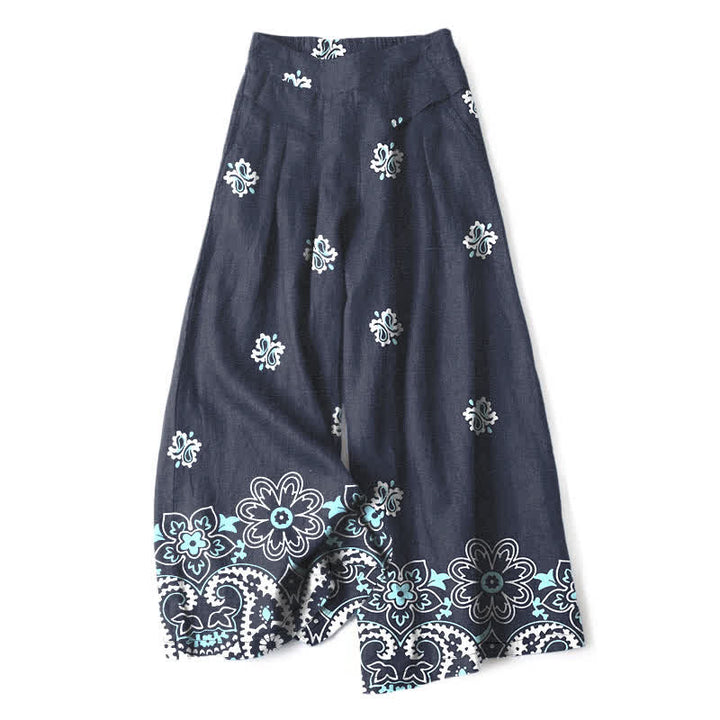 Buddha Stones Pantaloni da donna in cotone e lino, stile bohémien, a gamba larga con elastico in vita e tasche, con fantasia floreale. - Marina - US16, UK/AU20, EU48 (3XL) - image 0