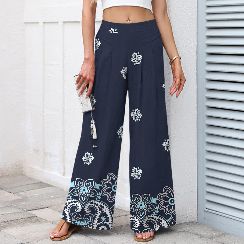 Buddha Stones Pantaloni da donna in cotone e lino, stile bohémien, a gamba larga con elastico in vita e tasche, con fantasia floreale. - image 1