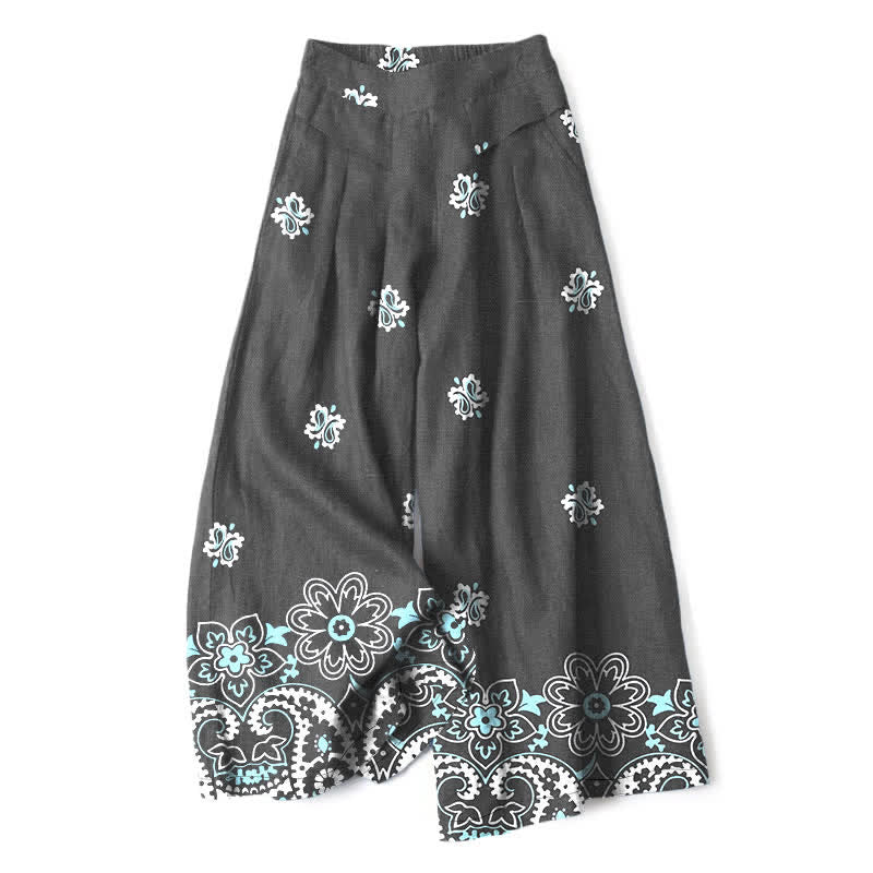 Buddha Stones Pantaloni da donna in cotone e lino, stile bohémien, a gamba larga con elastico in vita e tasche, con fantasia floreale. - Grigio tenue - US16, UK/AU20, EU48 (3XL) - image 4