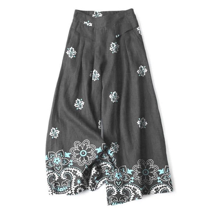 Buddha Stones Pantaloni da donna in cotone e lino, stile bohémien, a gamba larga con elastico in vita e tasche, con fantasia floreale. - Grigio tenue - US16, UK/AU20, EU48 (3XL) - image 4