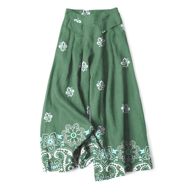 Buddha Stones Pantaloni da donna in cotone e lino, stile bohémien, a gamba larga con elastico in vita e tasche, con fantasia floreale. - Verde medio del mare - US16, UK/AU20, EU48 (3XL) - image 6
