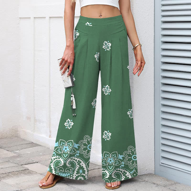 Buddha Stones Pantaloni da donna in cotone e lino, stile bohémien, a gamba larga con elastico in vita e tasche, con fantasia floreale. - image 7