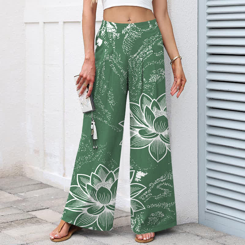Buddha Stones Pantaloni da donna in cotone e lino con elastico in vita e gamba larga, fantasia floreale a loto, con tasche. - image 1